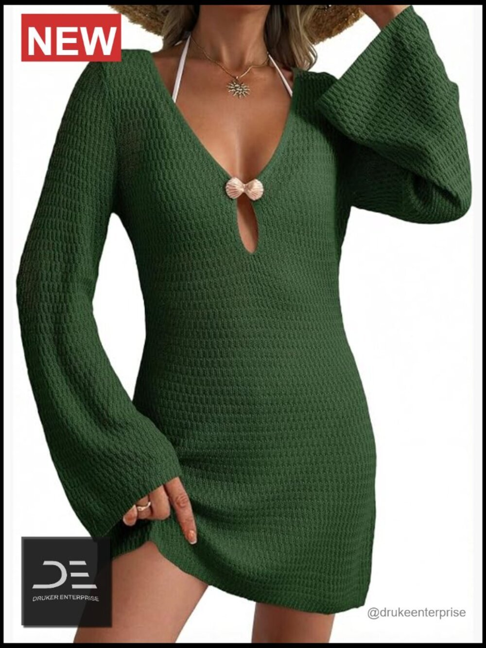 Crochet Knit Deep V Neck Bell Sleeve Hollow Out Cover Up Dress